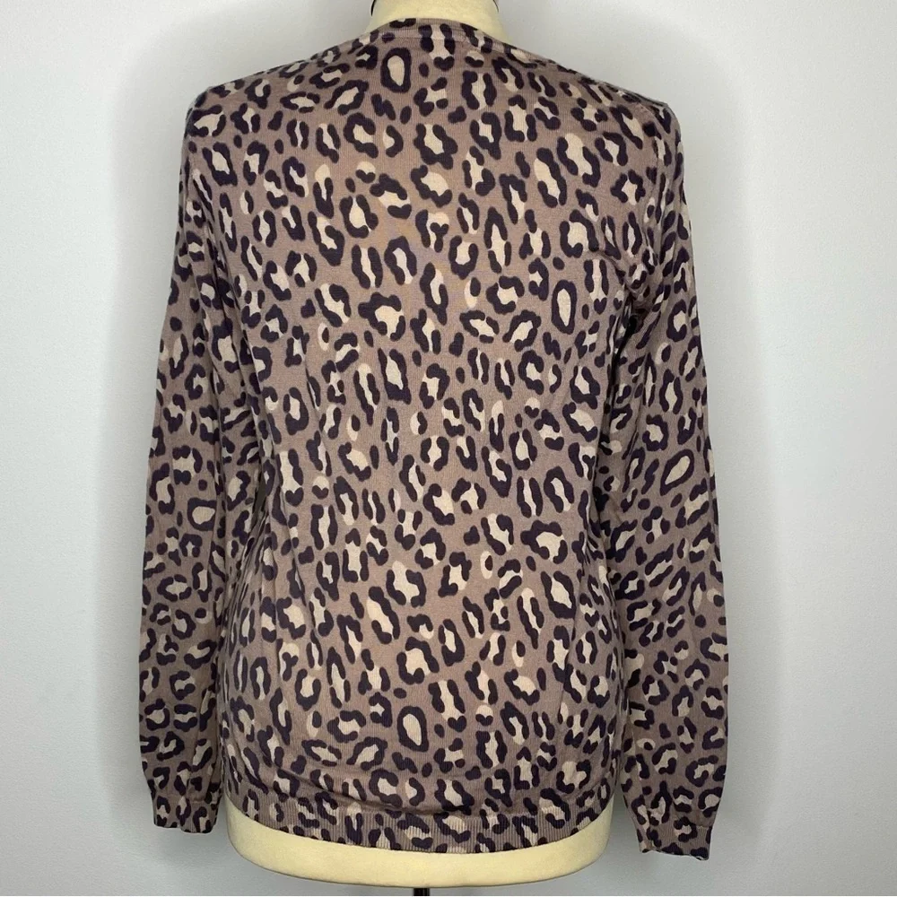 Boden Leopard Wool Button Front Crew Neck Cardigan Sweater